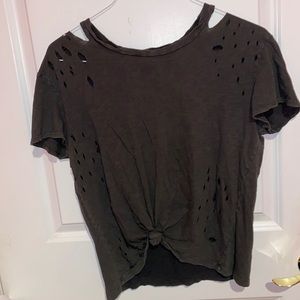 Distressed Army Green Tied Front T-Shirt